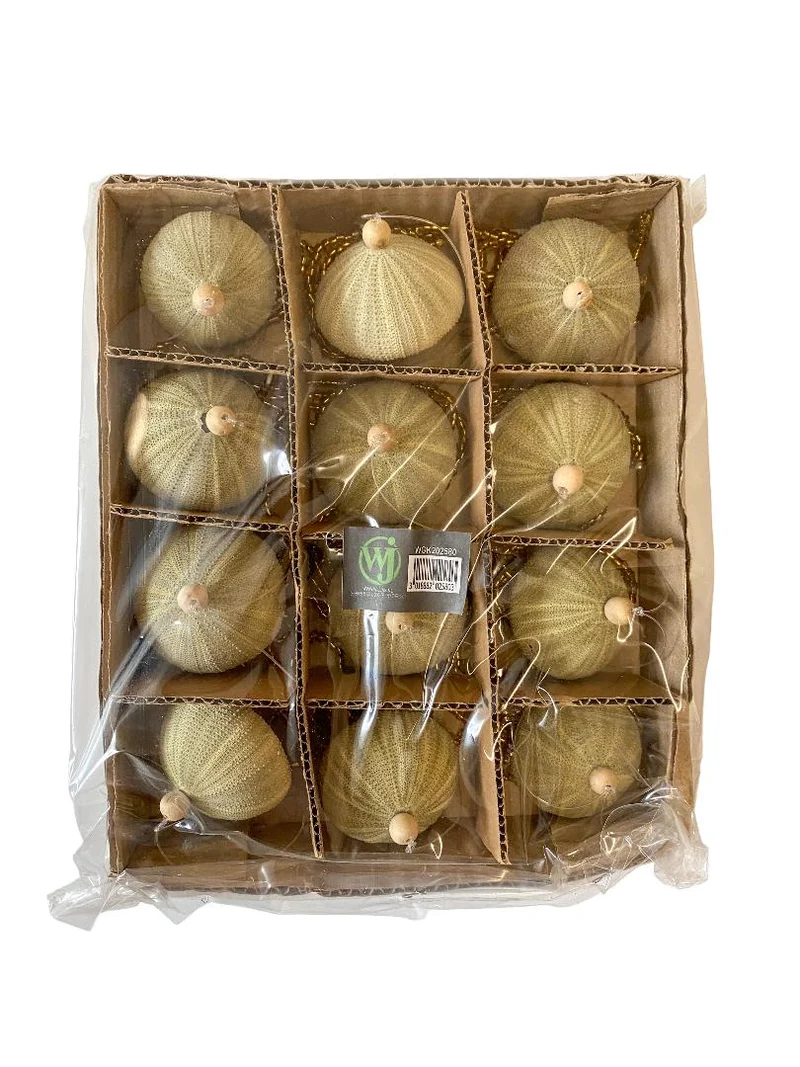 12x Zee-egel ornament hangend groen met gouden kralen D6 H18cm