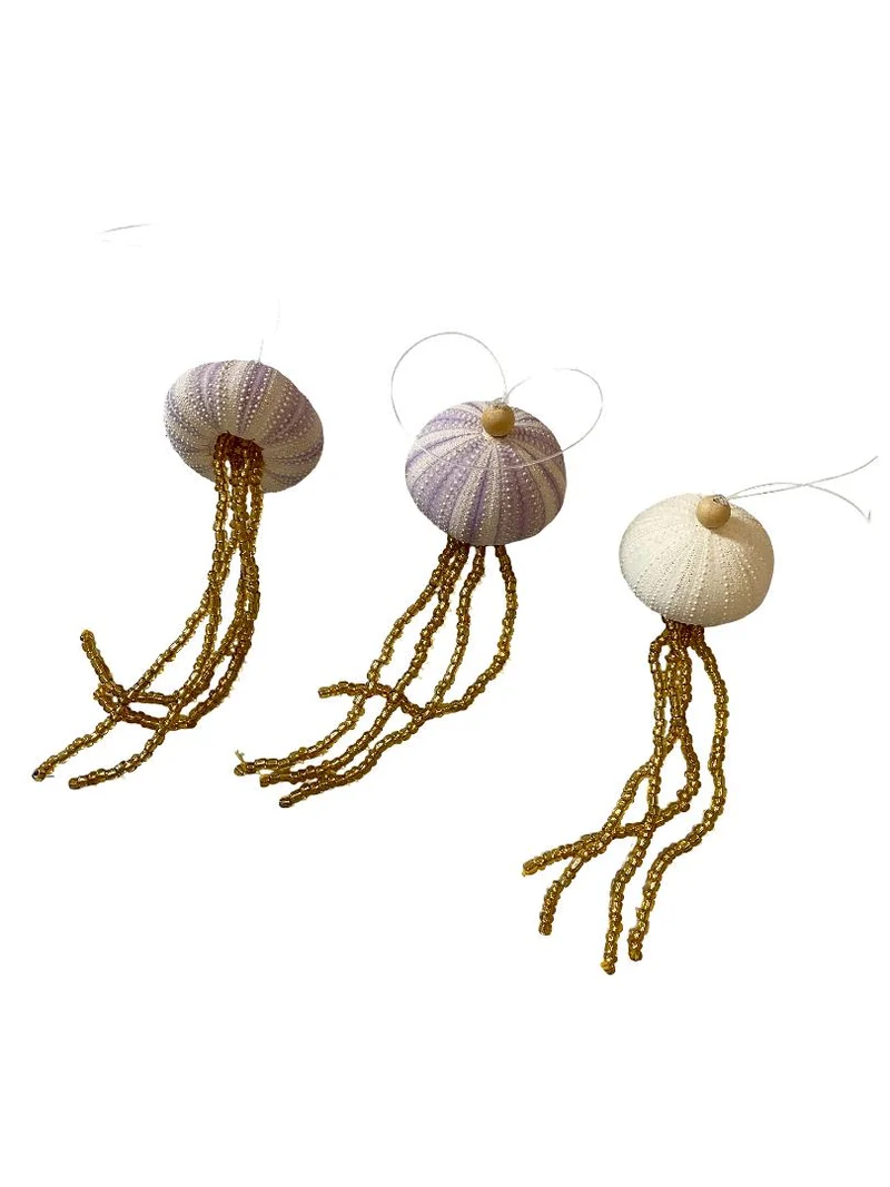 12x Zee-egel ornament hangend lila met gouden kralen D6 H18cm