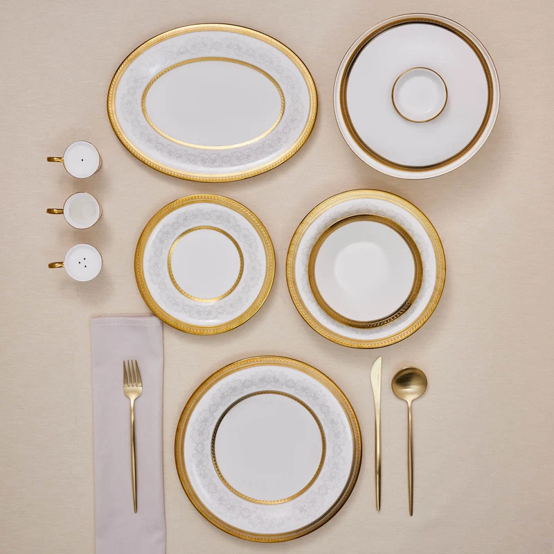 Karaca Royal Bone China Charlotte 55-teiliges Tafelservice für 12 Personen, Gold