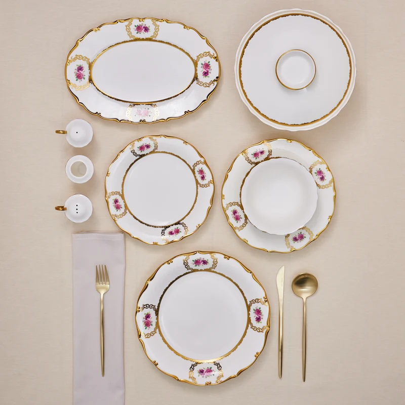 Karaca Royal Bone China Elizabeth 55-teiliges Tafelservice für 12 Personen, Gold