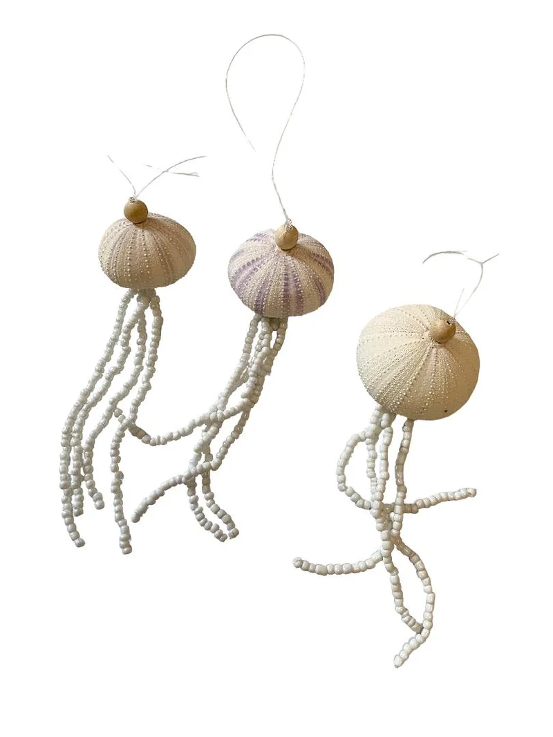 12x Zee-egel ornament hangend lila met witte kralen D6 H18cm