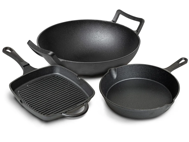 Blackwell Pfannenset aus Gusseisen – Grillpfanne 23 x 23 cm, Bratpfanne Ø 25 cm & Wok Ø 32 cm – 3-teilig – geeignet für alle Herdarten