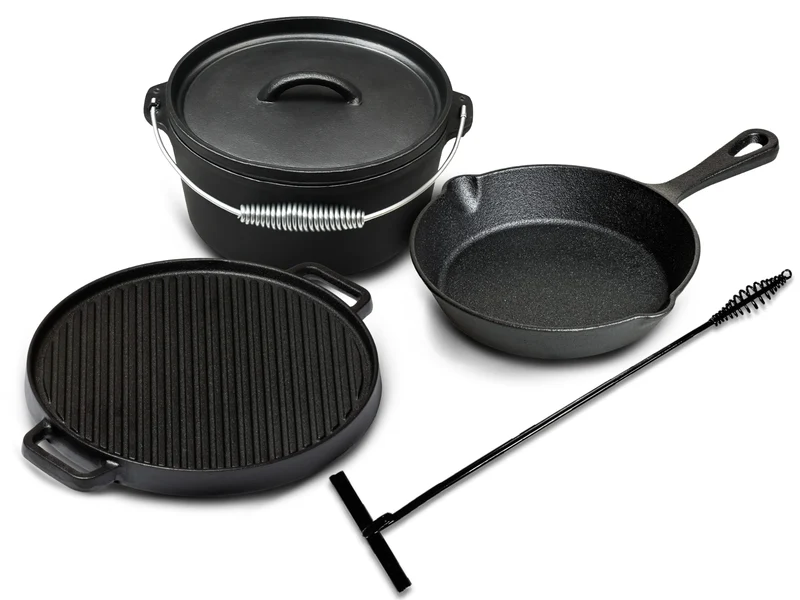 Blackwell Dutch Oven BBQ Set aus Gusseisen – Schmortopf + Heber, Bratpfanne Ø 20 cm & Grillplatte Ø 30 cm – 4-teilig – geeignet für alle Herdarten
