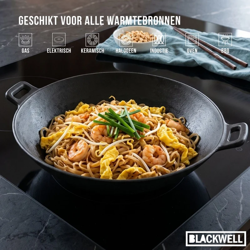 Blackwell Wokpfanne Gusseisen Ø 32 cm / 3.3 Liter – ohne Antihaftbeschichtung – geeignet für alle Wärmequellen