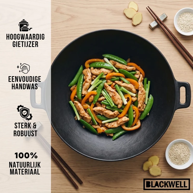 Blackwell Wokpfanne Gusseisen Ø 32 cm / 3.3 Liter – ohne Antihaftbeschichtung – geeignet für alle Wärmequellen
