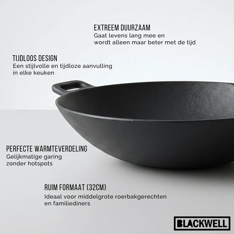 Blackwell Wokpfanne Gusseisen Ø 32 cm / 3.3 Liter – ohne Antihaftbeschichtung – geeignet für alle Wärmequellen