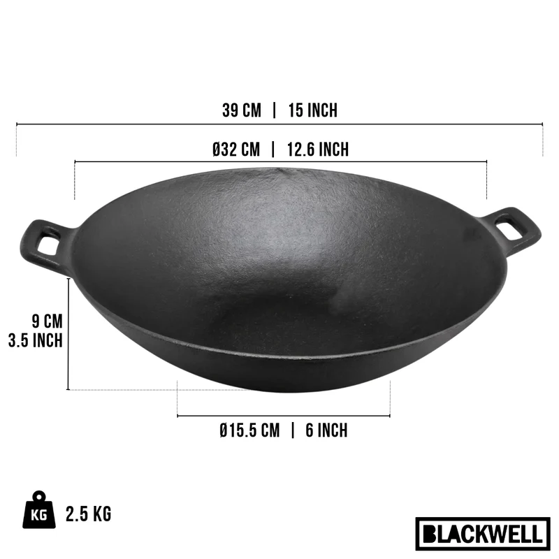 Blackwell Wokpfanne Gusseisen Ø 32 cm / 3.3 Liter – ohne Antihaftbeschichtung – geeignet für alle Wärmequellen
