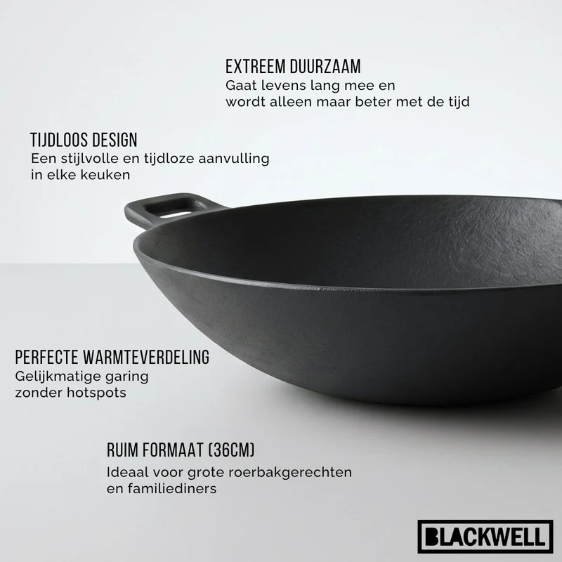 Blackwell Wokpfanne Gusseisen Ø 36 cm / 6.5 Liter – ohne Antihaftbeschichtung – geeignet für alle Wärmequellen