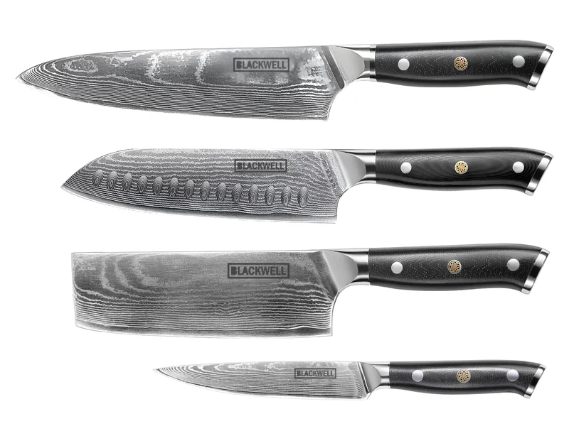 Blackwell Messerset (Kochmesser + Santokumesser + Nakirimesser + Officemesser) – Japanischer Stil – 67 Lagen Damaszenerstahl – VG10 – 4-teilig