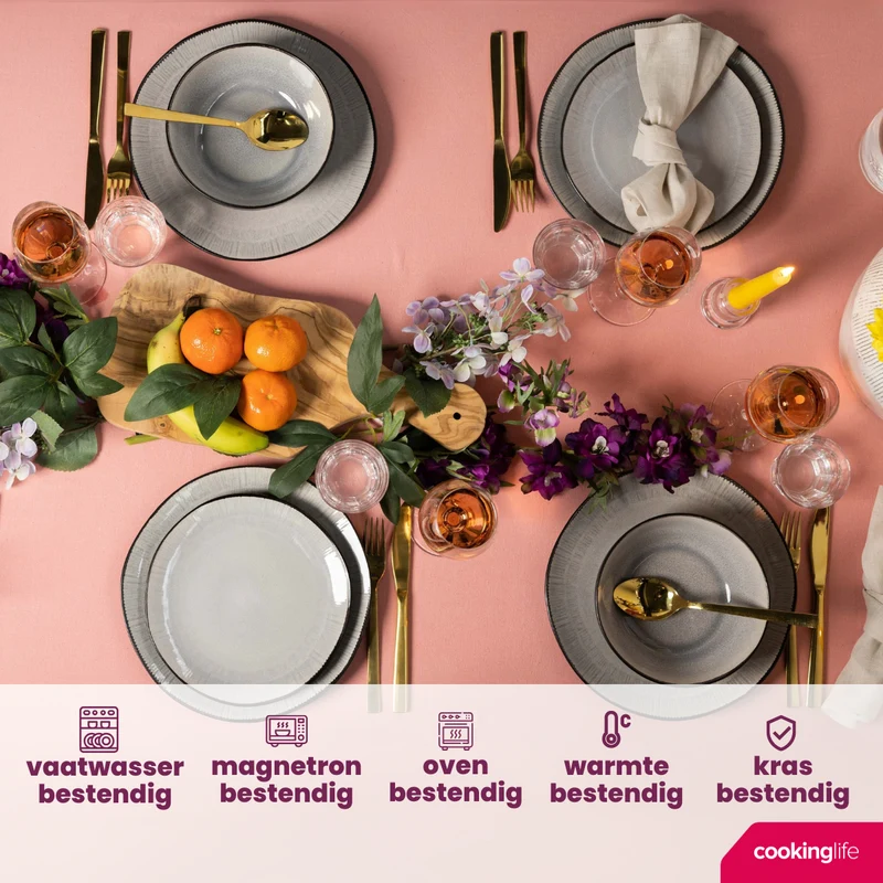 Cookinglife Geschirrset Nola Warm Grey - 18-teilig / 6 Personen - 6 Speiseteller, 6 Frühstücksteller und 6 Schalen