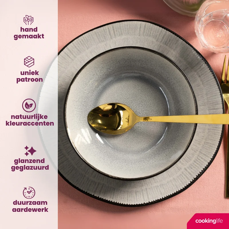 Cookinglife Geschirrset Nola Warm Grey - 18-teilig / 6 Personen - 6 Speiseteller, 6 Frühstücksteller und 6 Schalen