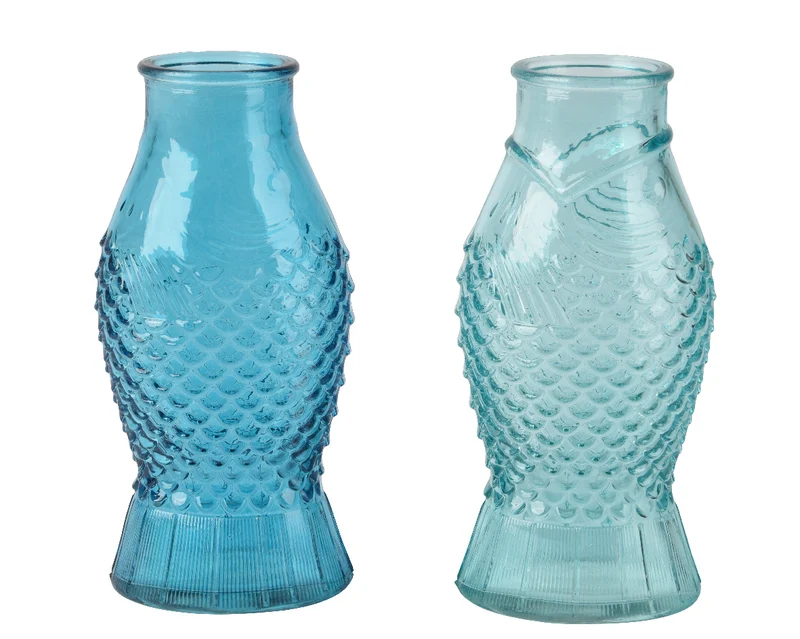 Glasvase mit Fischmotiv, 2 Farben sortiert, Ø 8,3 cm, H 18 cm