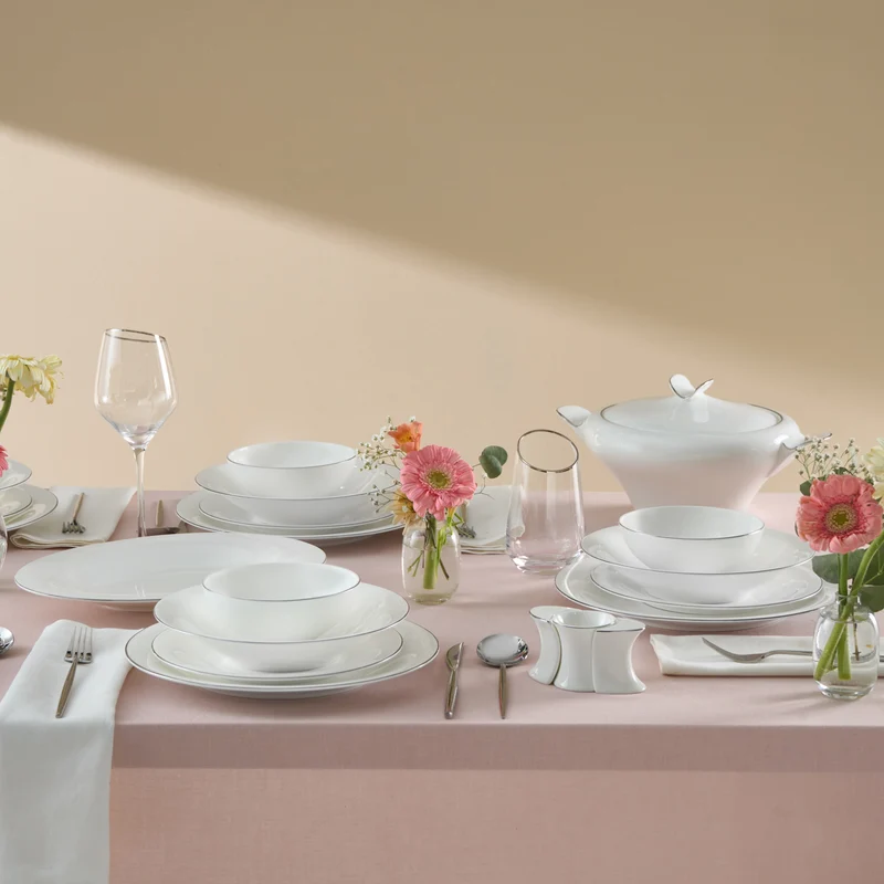 Karaca Fine Pearl Extra Argento 55-Teiliges Tafelservice Für 12 Personen, Platin
