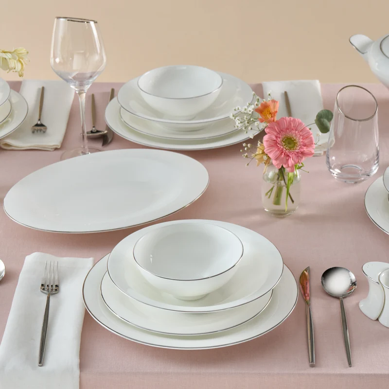 Karaca Fine Pearl Extra Argento 55-Teiliges Tafelservice Für 12 Personen, Platin