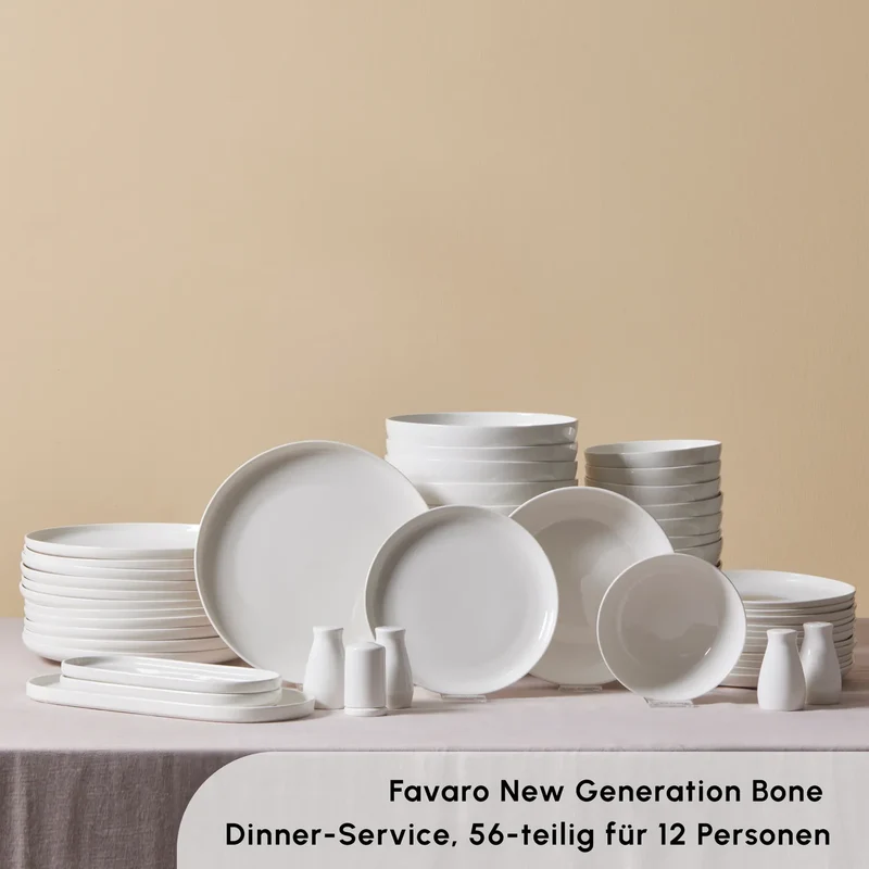 Karaca Favaro für 12 Personen Geschirrset, 56 Teilig, New Generation Bone