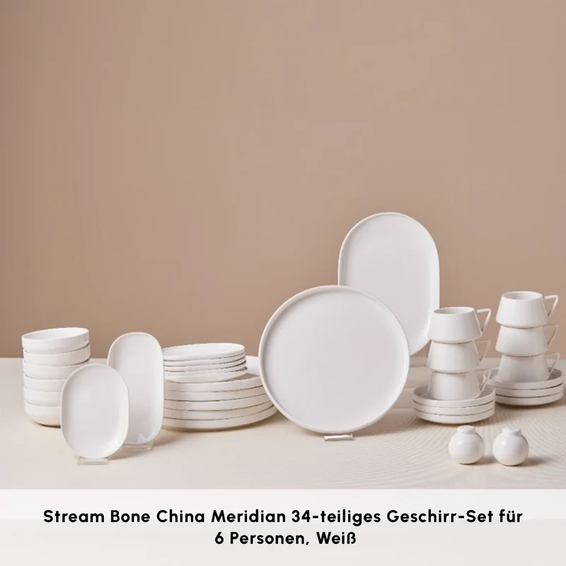 Karaca Stream Bone Meridian 34-teiliges Frühstücksset für 6 Personen – Weiß