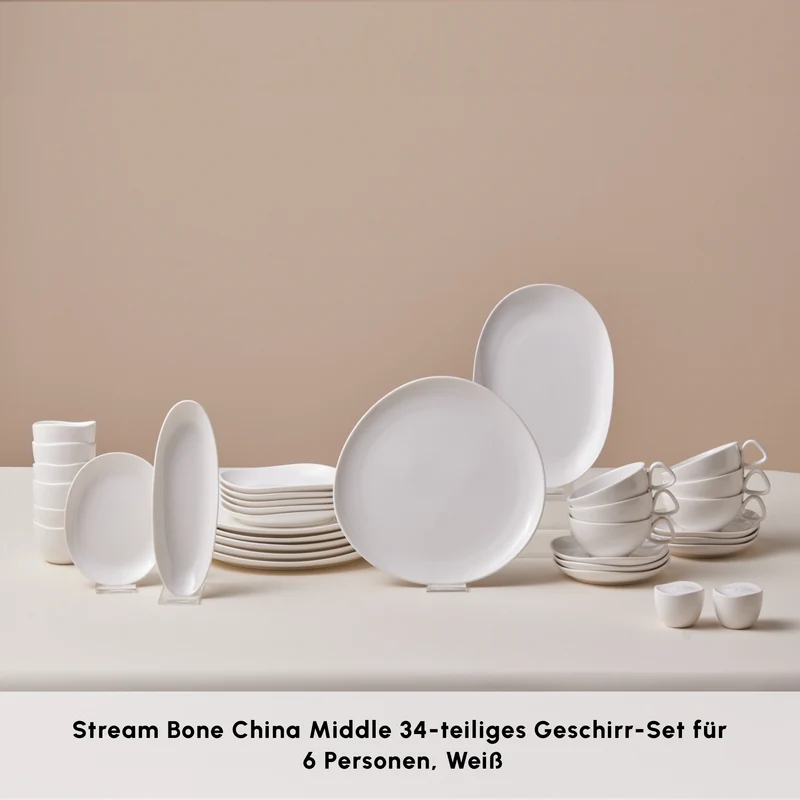 Karaca Stream Bone Middle 34-teiliges Frühstücksset für 6 Personen – Weiß