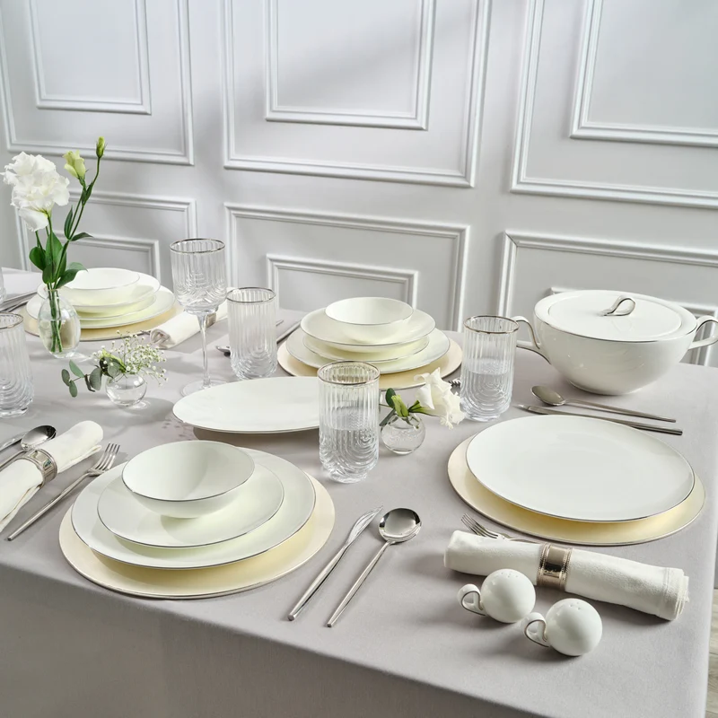 Karaca Fine Pearl Extra Chanak 55-teiliges Tafelservice für 12 Personen Platin