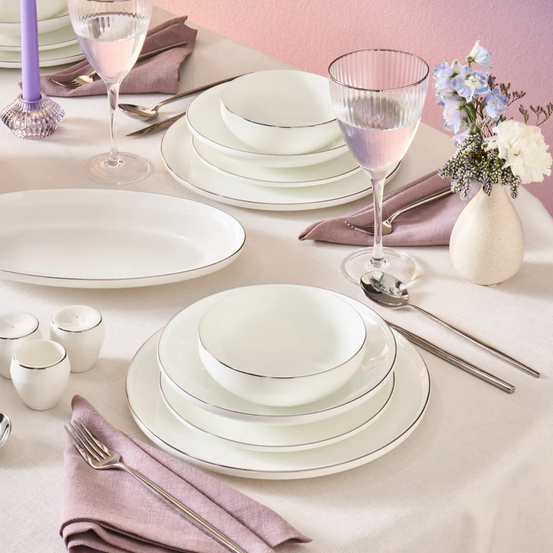 Karaca Fine Bone Meridian 55-teiliges Tafelservice für 12 Personen Platin