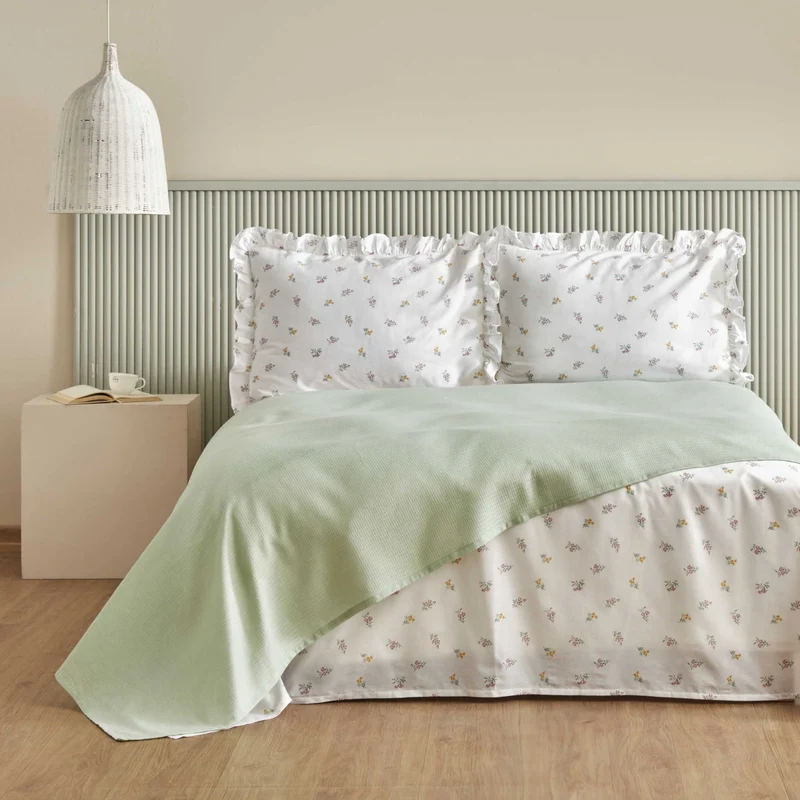 Karaca Home Lidya, 100% Baumwolle Doppelbett Tagesdecke Set, Grün