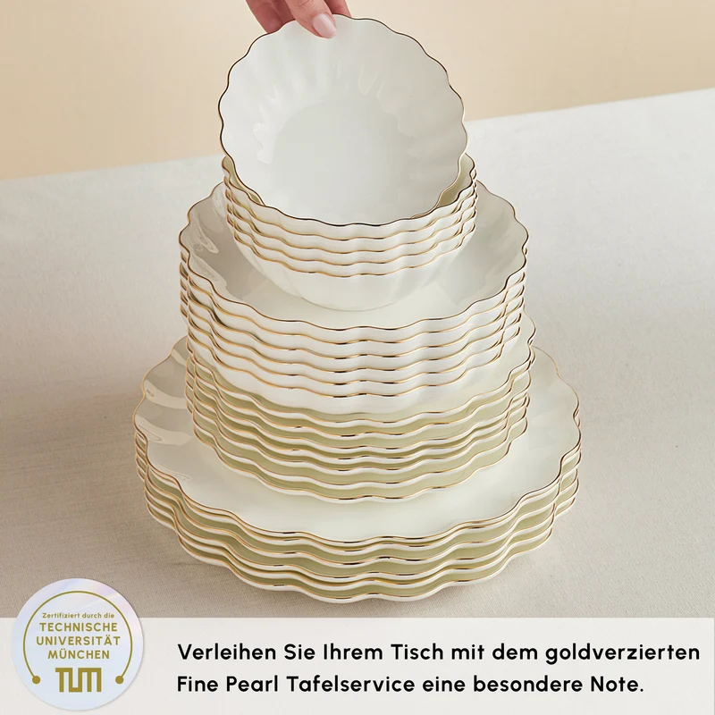 Karaca Fine Pearl Extra Shell 55-teiliges 12-Personen Geschirrset Gold