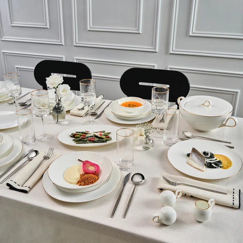 Karaca Fine Pearl Extra Chanak 55-teiliges Tafelservice für 12 Personen, Gold