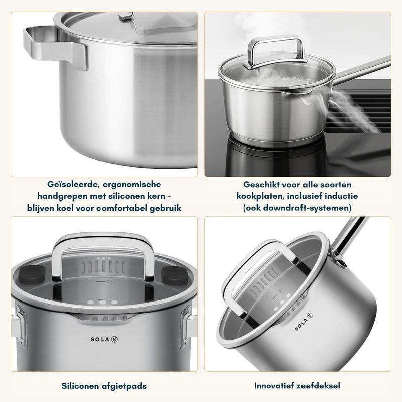 Sola Topfset Juvia 5-teilig – Edelstahl – downdraft-geeignet – Kochtöpfe Ø 16, 18, 20, 24 cm & Stieltopf Ø 16 cm – geeignet für alle Herdarten