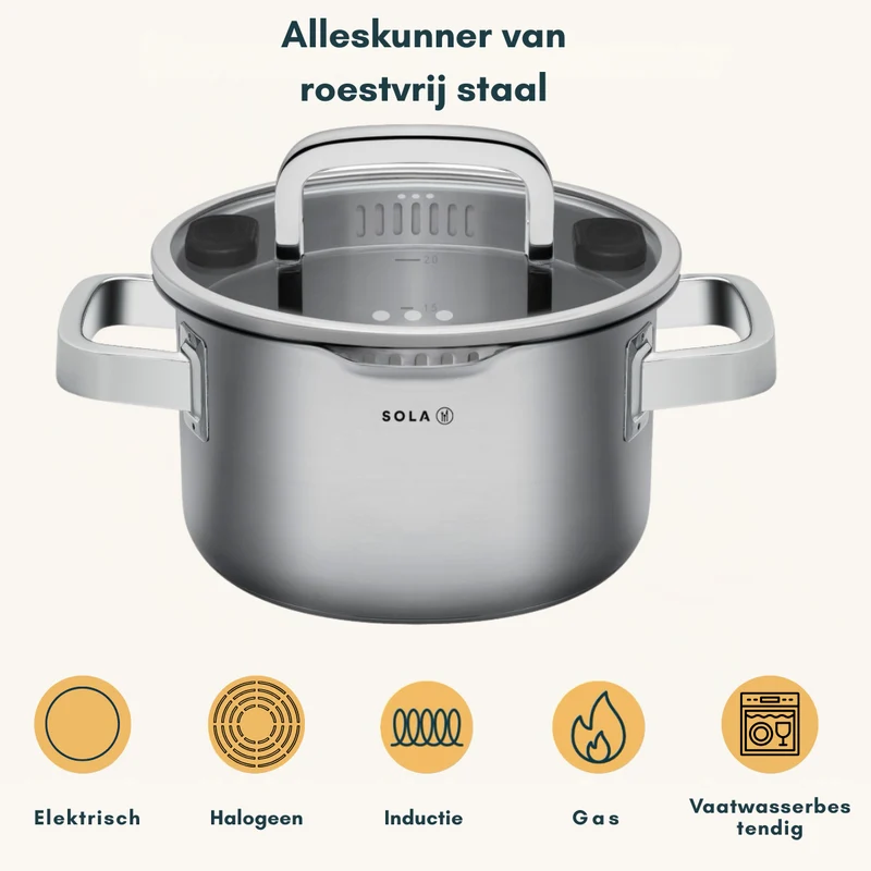 Sola Topfset Juvia 5-teilig – Edelstahl – downdraft-geeignet – Kochtöpfe Ø 16, 18, 20, 24 cm & Stieltopf Ø 16 cm – geeignet für alle Herdarten