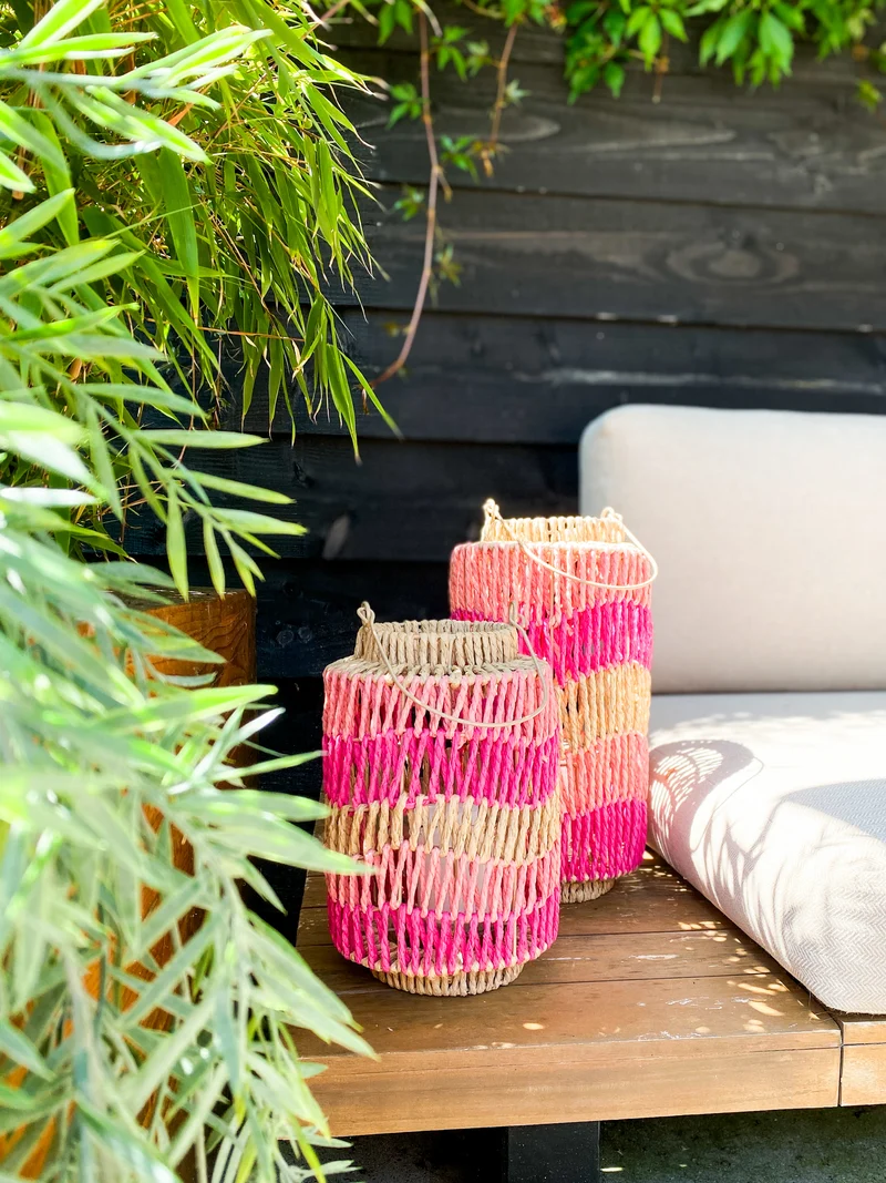 Laterne Papierseil mit Glas 18,5x18,5x35cm Rosa-Mix