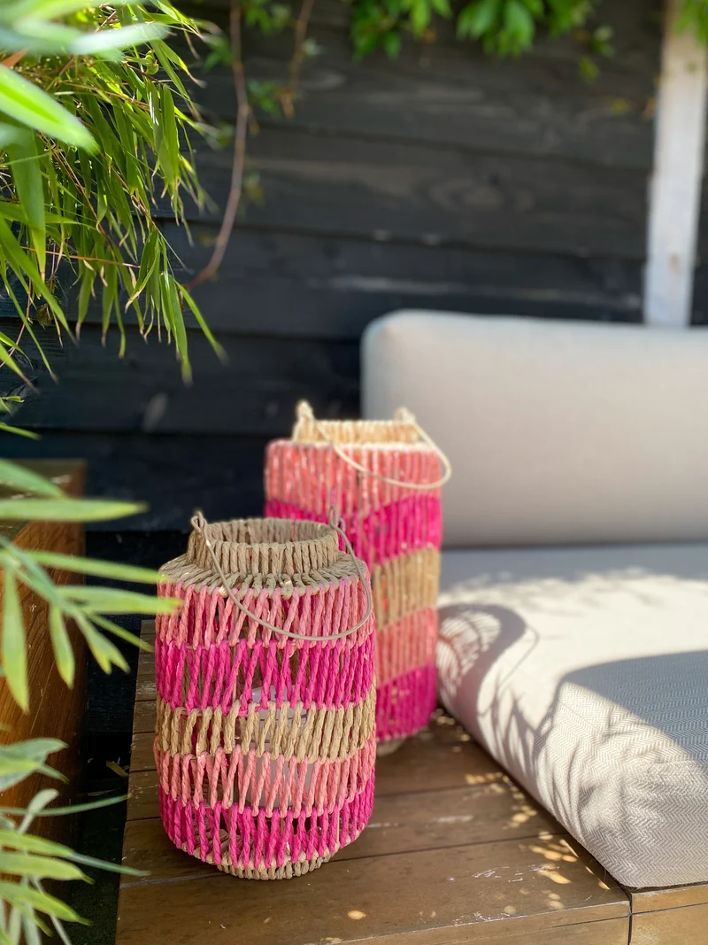 Laterne Papierseil mit Glas 18,5x18,5x35cm Rosa-Mix