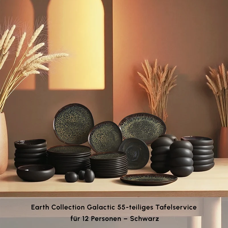 Karaca Earth Collection Galactic 55-teiliges Tafelservice für 12 Personen – Schwarz
