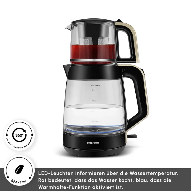 Karaca Glass Tea XL 2in1 Glas-Teezubereiter und Wasserkocher Creme