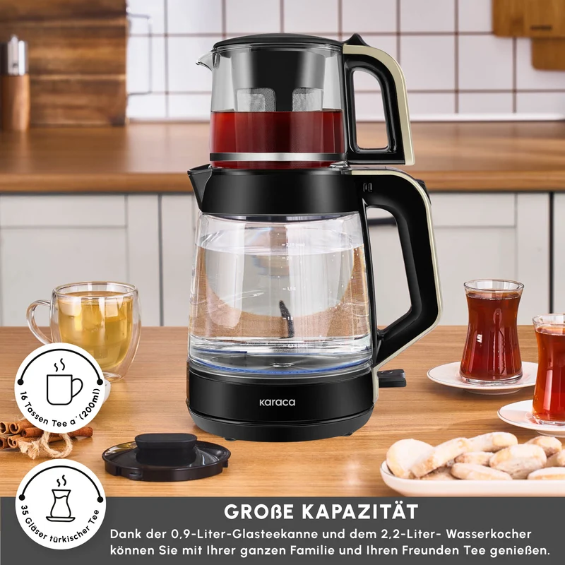 Karaca Glass Tea XL 2in1 Glas-Teezubereiter und Wasserkocher Creme