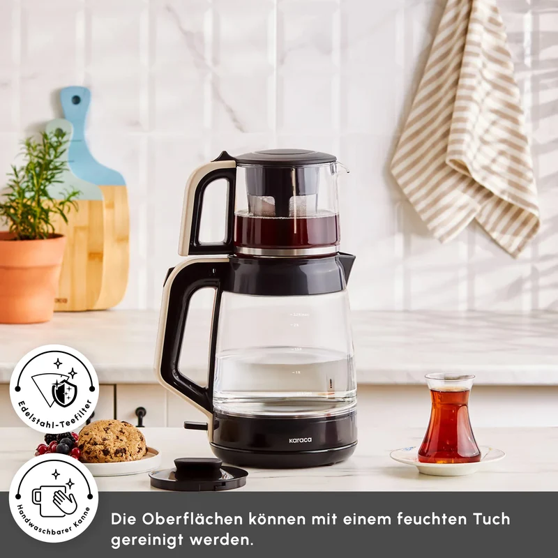 Karaca Glass Tea XL 2in1 Glas-Teezubereiter und Wasserkocher Creme
