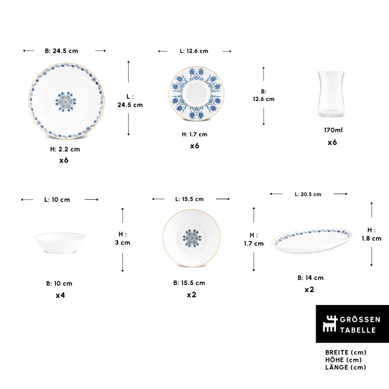 Karaca Bone China İznik 26-teiliges Servierset für 6 Personen, Mehrfarbig