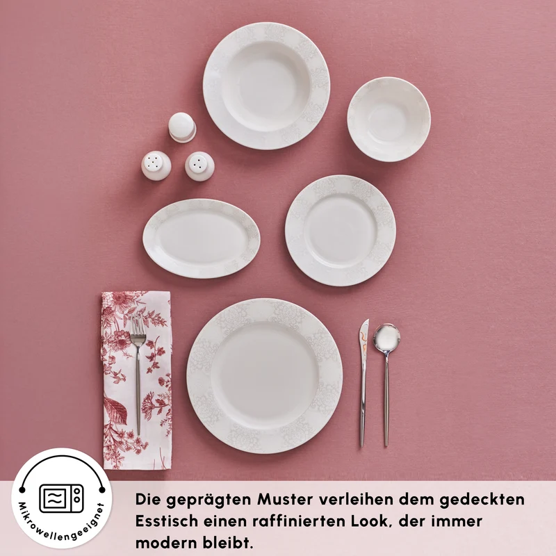 Karaca Forever Bone China New Olio 53-teiliges Tafelservice für 12 Personen, Weiß