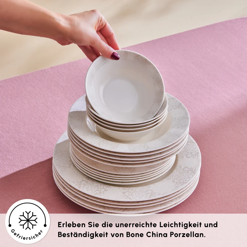 Karaca Forever Bone China New Olio 53-teiliges Tafelservice für 12 Personen, Weiß