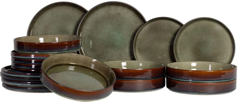 Cosy & Trendy Geschirrset Quintana Green 18-teilig / 6 Personen - 6 Speiseteller, 6 Suppenteller und 6 Frühstücksteller