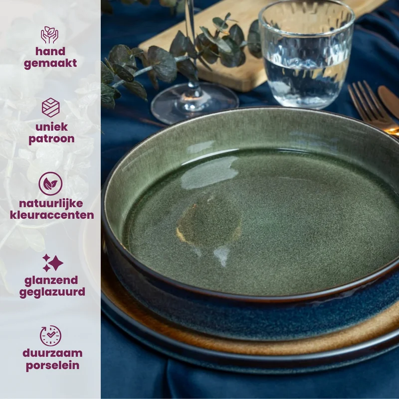 Cosy & Trendy Geschirrset Quintana Green 18-teilig / 6 Personen - 6 Speiseteller, 6 Suppenteller und 6 Frühstücksteller