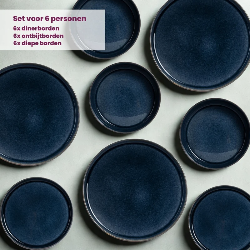 Cosy & Trendy Geschirrset Quintana Blue 18-teilig / 6 Personen - 6 Speiseteller, 6 Suppenteller und 6 Frühstücksteller