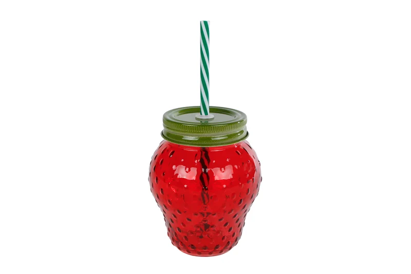 Trinkglas "Erdbeere" mit Deckel/Strohhalm, rotes Glas, 10,5x10,5x12,5cm