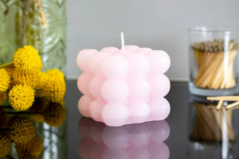 Bubble Kerze 8x8x8 cm weiß rosa