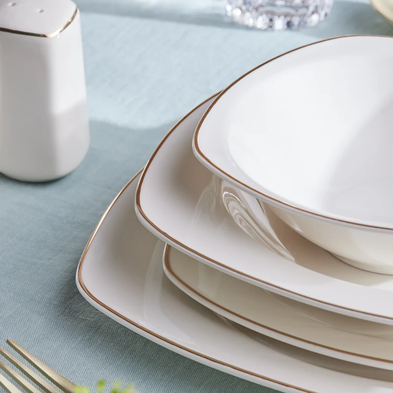 Karaca Timeless 59-teiliges Porzellan Halb-Quadratisches Dinner-Set für 12 Personen, Gold