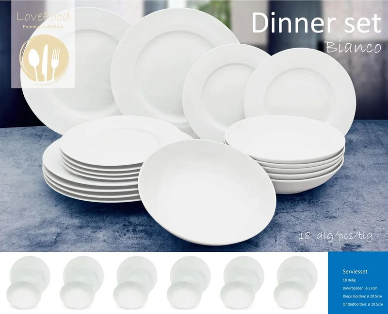 Studio Tavola Geschirrset Weiß - 18-teilig / 6 Personen - 6 Speiseteller, 6 Suppenteller und 6 Frühstücksteller