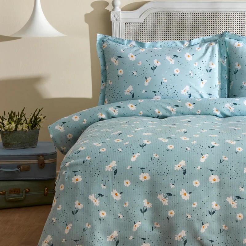Karaca Home Daisy 100% Baumwolle Doppelbett Tagesdecke Set Mint