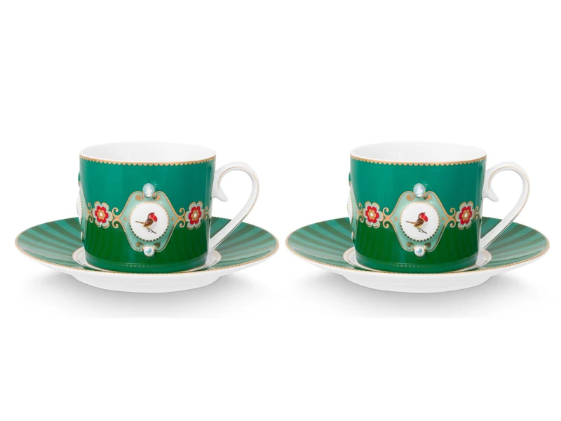 PIP STUDIO Love Birds Medallion Emerald-Green Tasse mit Untertasse 0,2l Set2