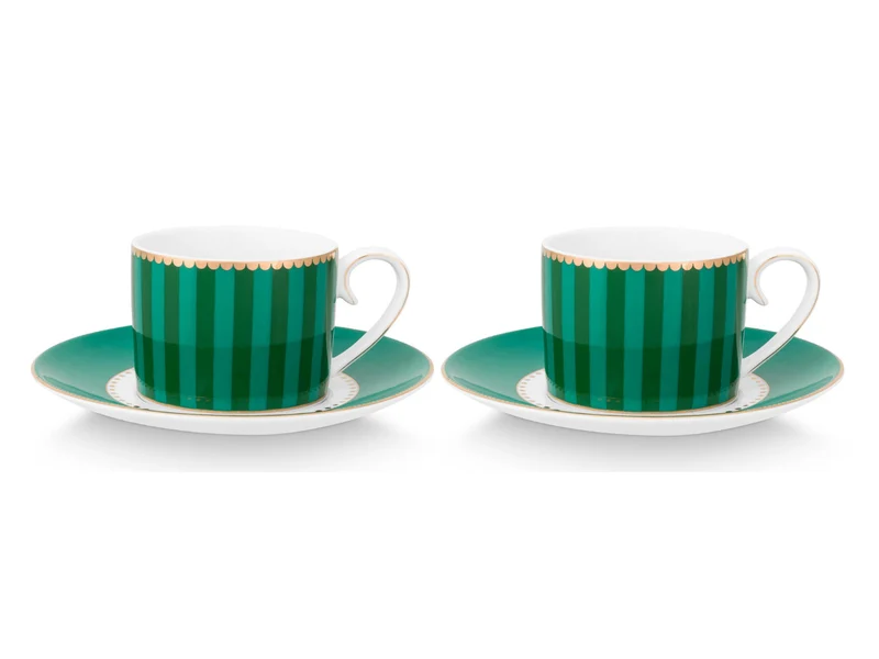 PIP STUDIO Love Birds Stripes Emerald-Green Espressotasse mit Untertasse 0,125l Set2