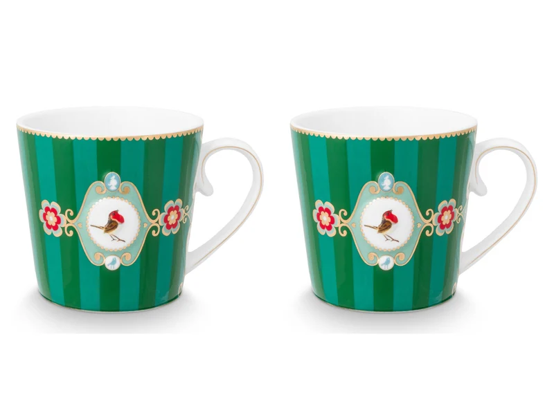 PIP STUDIO Love Birds Medallion Stripes Emerald-Green Henkelbecher Large 0,25l Set2