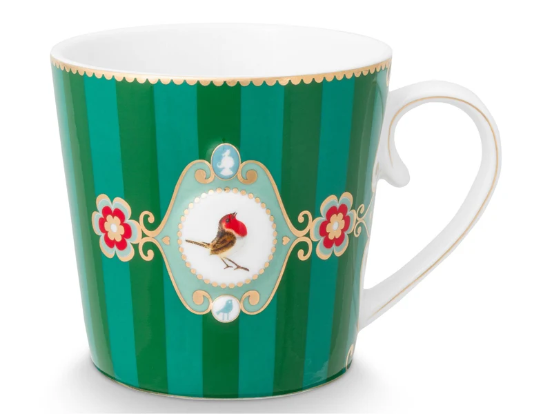PIP STUDIO Love Birds Medallion Stripes Emerald-Green Henkelbecher Large 0,25l Set2