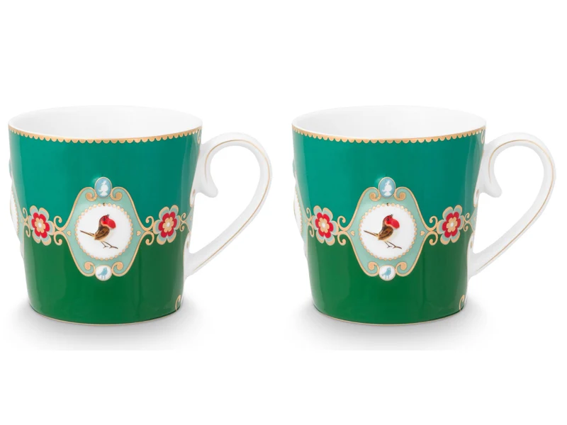 PIP STUDIO Love Birds Medallion Emerald-Green Henkelbecher Large 0,25l Set2
